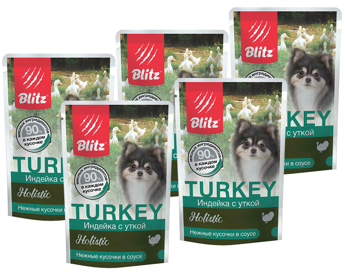 

Влажный корм для собак BLITZ HOLISTIC TURKEY, с индейкой и уткой, 5 шт по 85 г