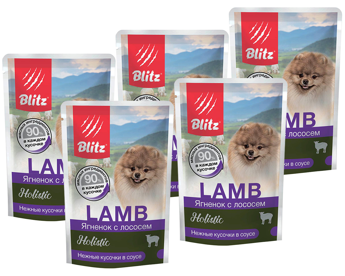 

Влажный корм для собак BLITZ HOLISTIC LAMB, с ягненком и лососем, 5 шт по 85 г