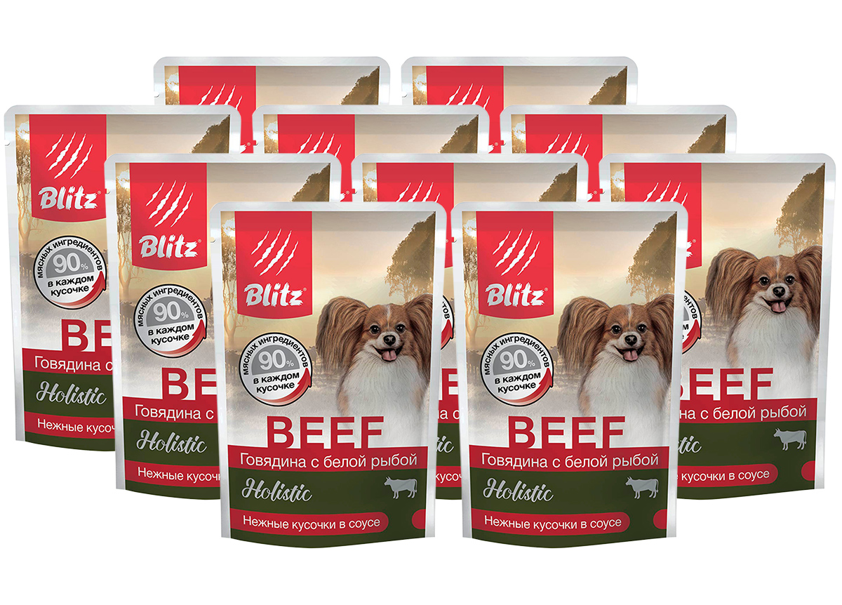 

Влажный корм для собак BLITZ HOLISTIC BEEF, с говядиной и белой рыбой, 10 шт по 85 г