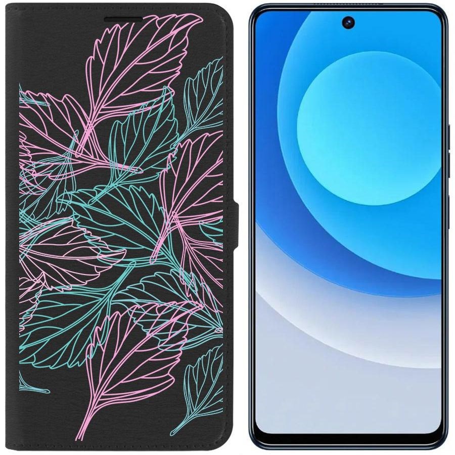 Чехол-книжка Eco для Tecno Camon 19 Листья паттерн (черный)