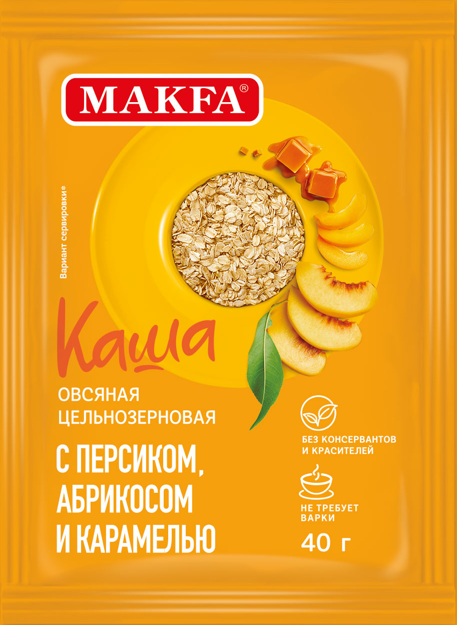 Каша овсяная Makfa цельнозерновая, с персиком, абрикосом и карамелью, 40 г