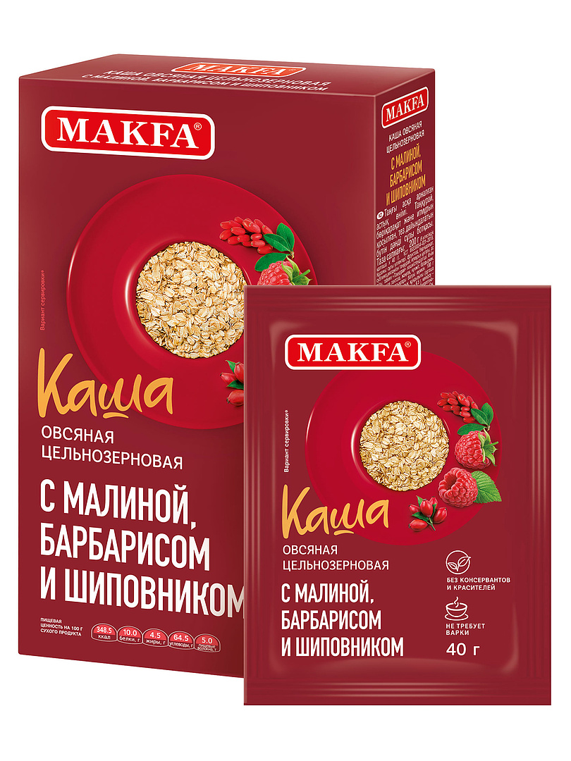 Каша овсяная Makfa цельнозерновая, с малиной, барбарисом и шиповником, 200 г