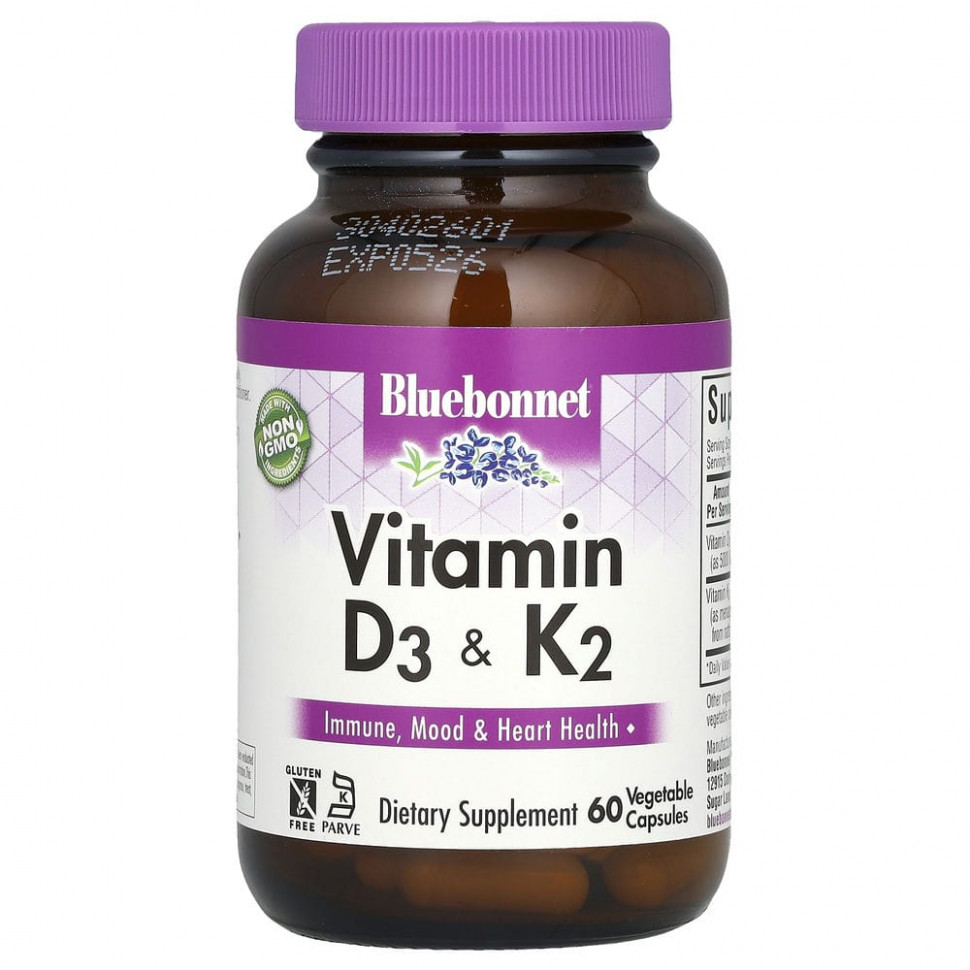 

Витамины D3 и K2, Bluebonnet Nutrition, 60 вегетарианских капсул