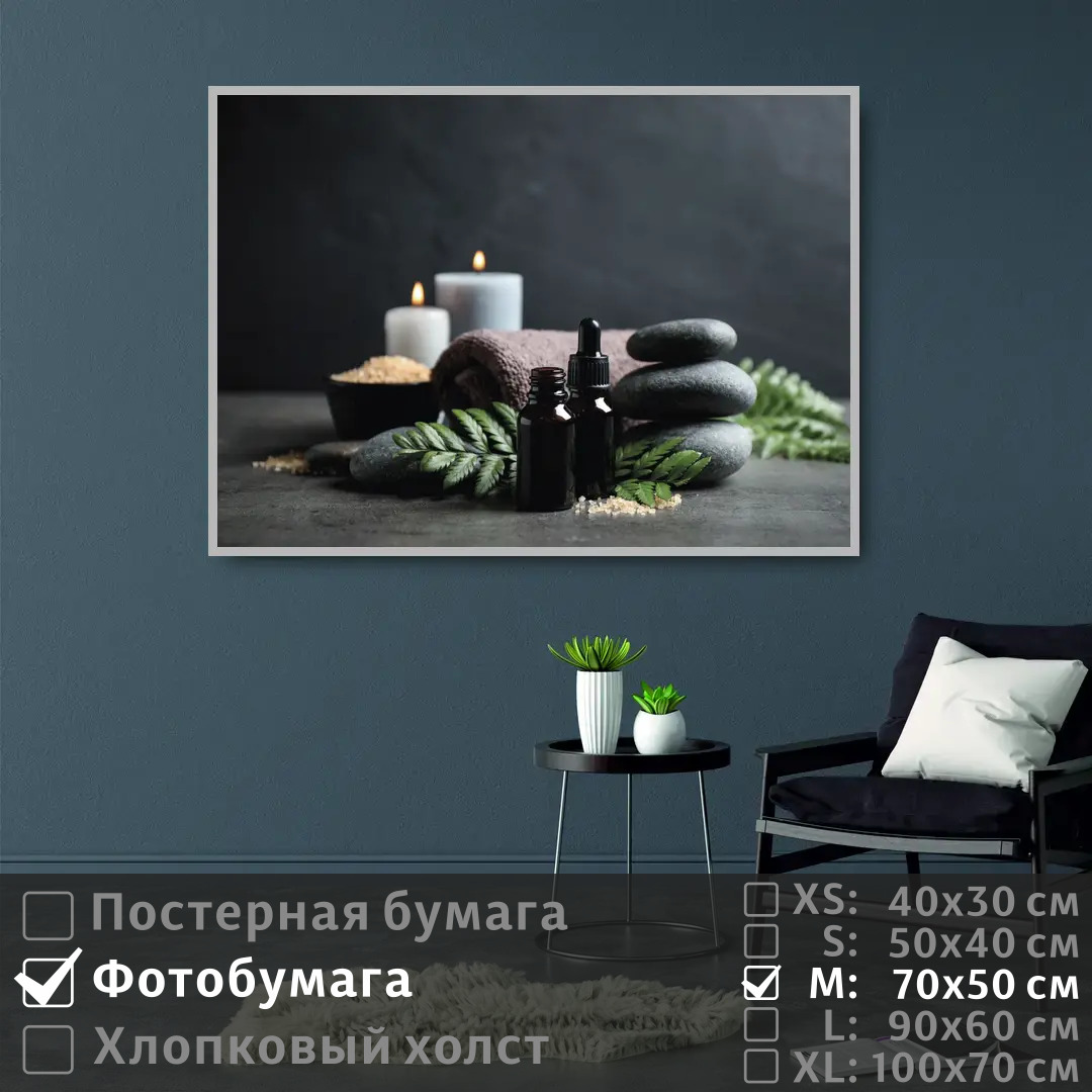 

Постер на фотобумаге ПолиЦентр Набор со свечами для массажа в спа салон 70х50 см, НаборСоСвечамиДляМассажаВСпаСалон