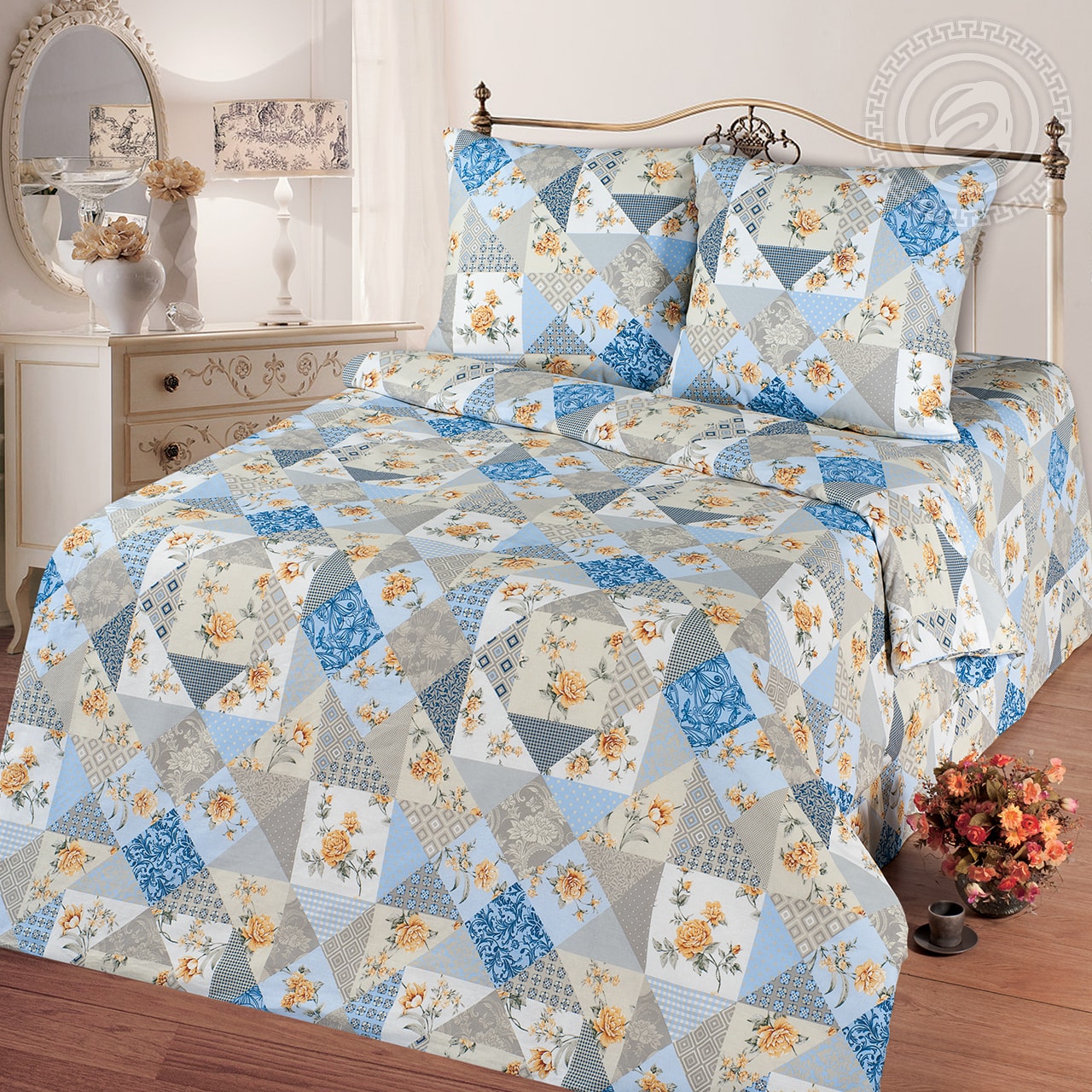 фото Комплект постельного белья лоскутная мозаика голубая 109 2-спальный с европростыней арт дизайн