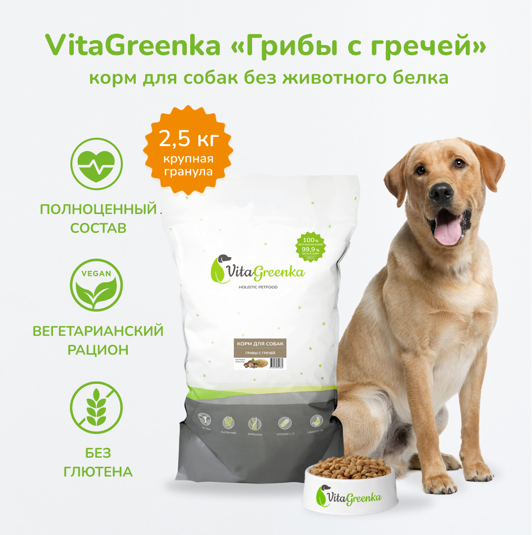 Сухой корм для собак VitaGreenka, крупная гранула, грибы с гречей, 2,5 кг