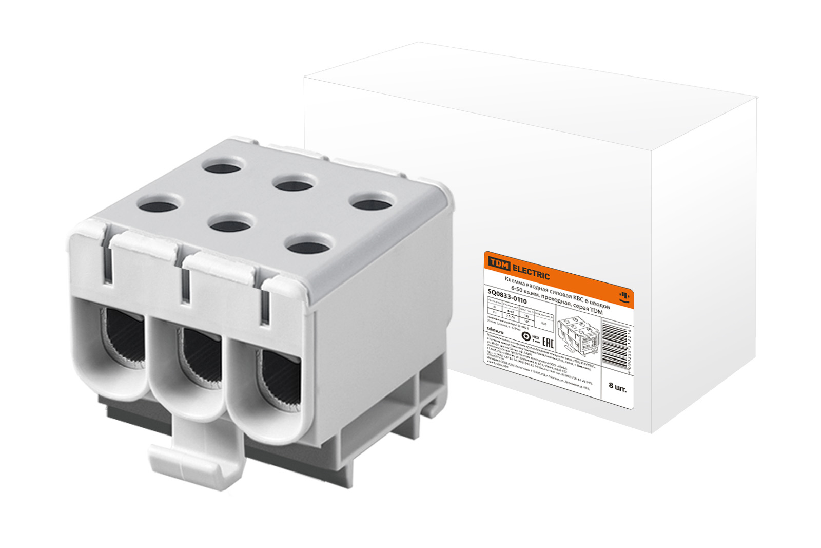 

Клемма вводная силовая КВС 6 вводов 6-50 кв.мм. проходная, серая TDM SQ0833-0110, Серый