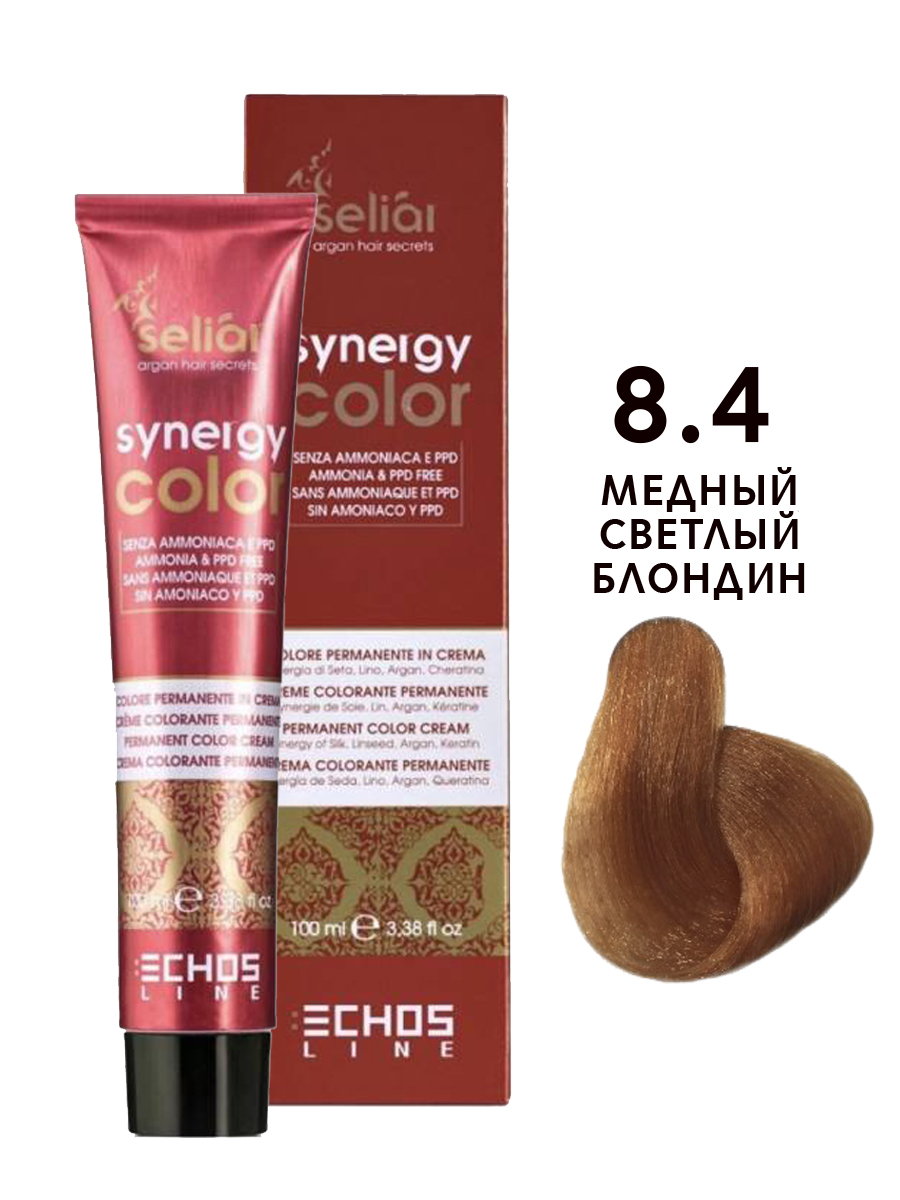 Крем-краска для волос Echos Line Seliar Synergy Color, 8.4 медный светлый блондин, 100 мл echos line маска для интенсивного питания и увлажнения seliar luxury 1000 0