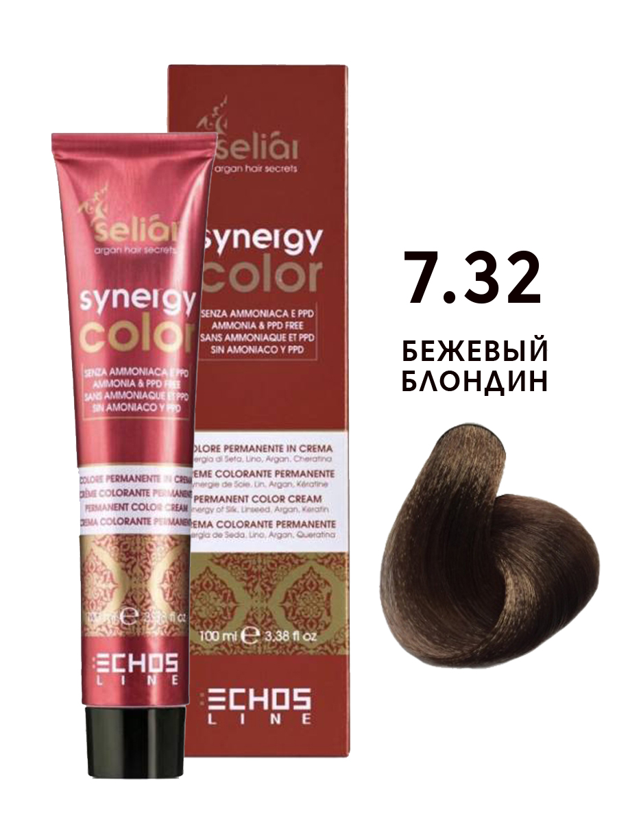 фото Крем-краска для волос echos line seliar synergy color, 7.32 бежевый блондин, 100 мл