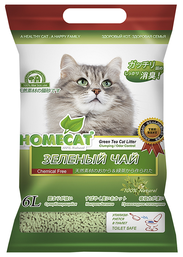 Комкующийся наполнитель HOMECAT Ecoline растительный, зеленый чай, 4 шт по 6 л