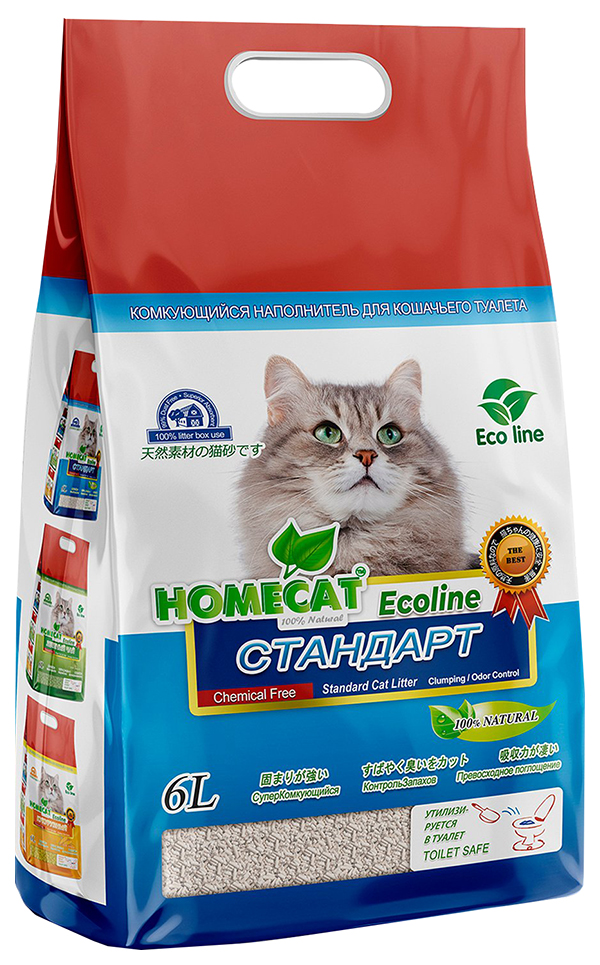 Комкующийся наполнитель HOMECAT Ecoline Стандарт кукурузный, 4 шт по 6 л