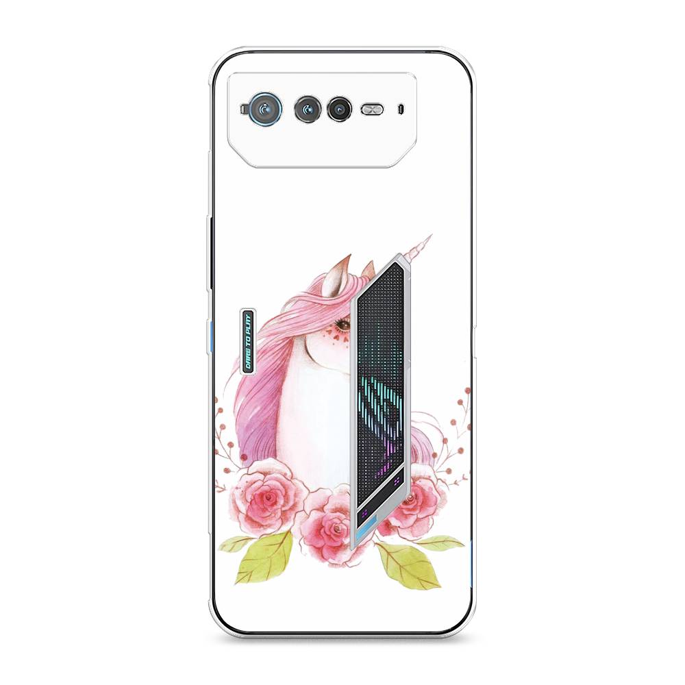 

Чехол на Asus ROG Phone 6 "Единорог цветы", Белый;розовый;серый, 44650-1