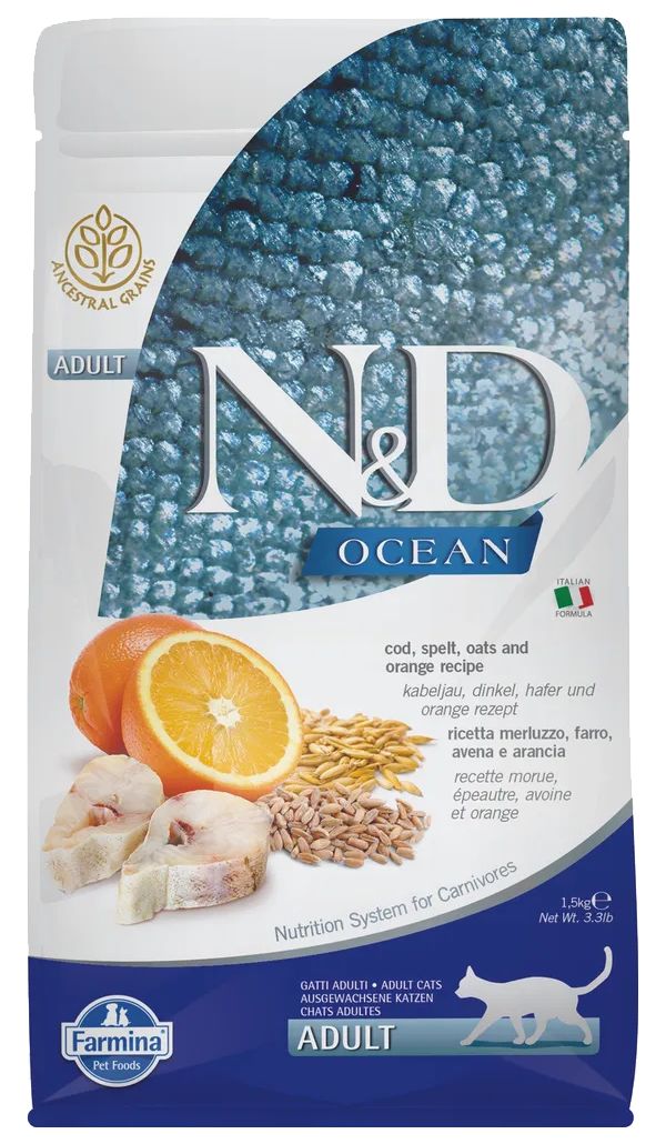 

FARMINA FARMINA CAT N&D OCEAN CODFISH SPELT OATS & ORANGE низкозерновой для взрослых кошек