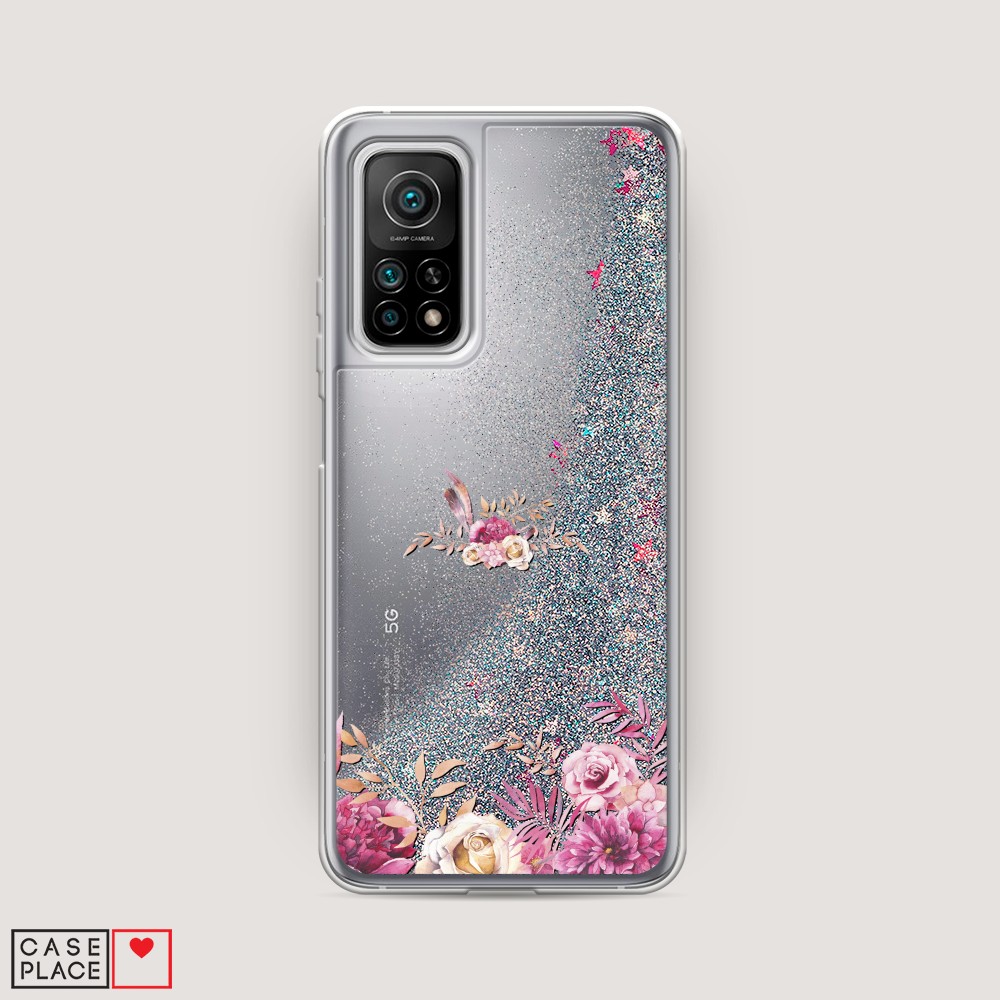 

Жидкий чехол с блестками "Нежные розовые цветы" на Xiaomi Mi 10T