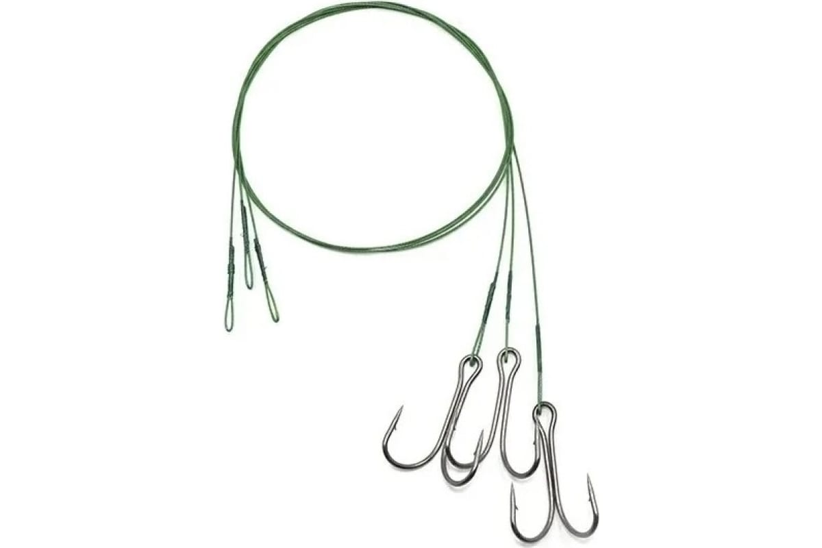 Поводок стальной NAMAZU Leader 1х7 Nylon Coated Green, d-0,48 мм, L-50 см, с двойным крючк