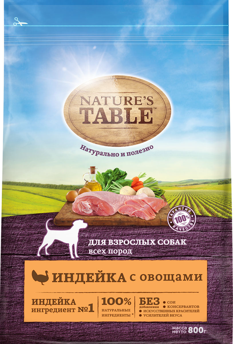 Сухой корм для собак Nature's Table Для взрослых всех пород, индейка, овощи, 0,8кг