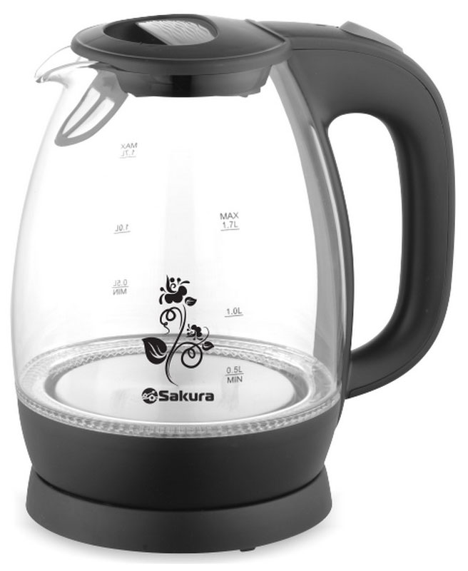 Чайник электрический SAKURA SA-2715BK 1.7 л прозрачный, черный чайник электрический sakura sa 2168br 1 8 л красный