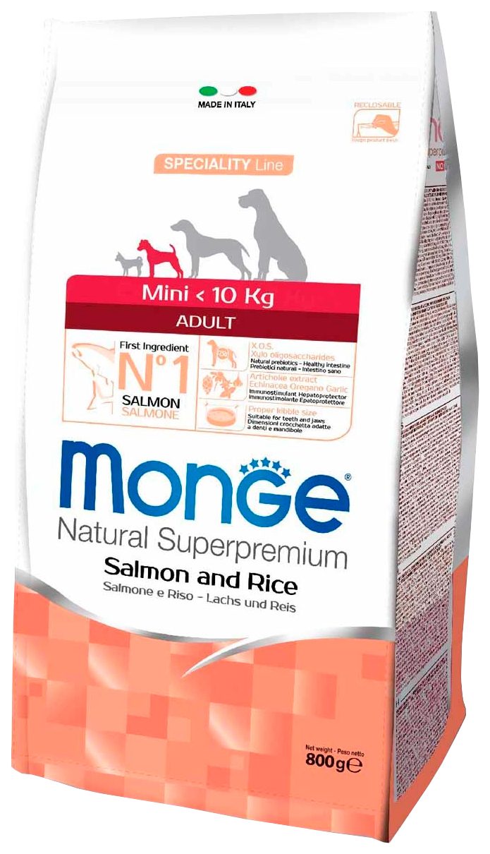 

Сухой корм для собак Monge Speciality Adult Extra Small, лосось, рис, 2 шт по 0,8 кг