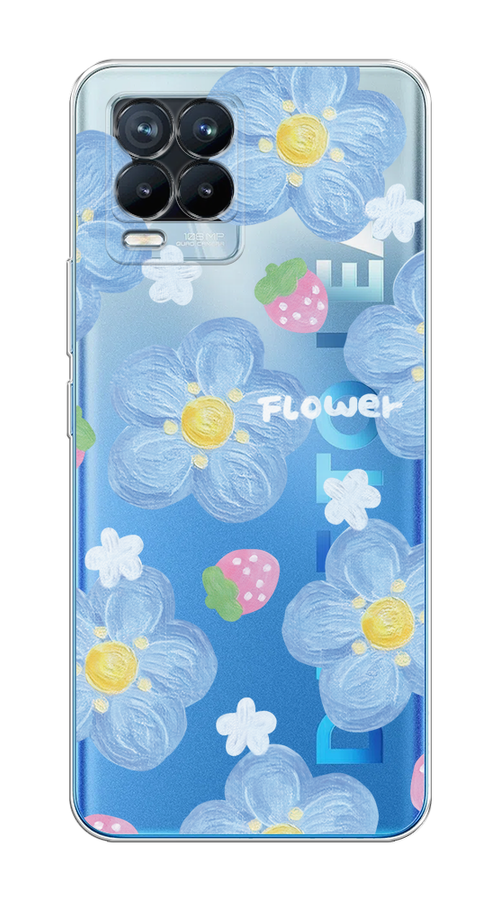 

Чехол на Oppo Realme 8/8 Pro "Цветы и клубники", Прозрачный;голубой;белый, 255550-1