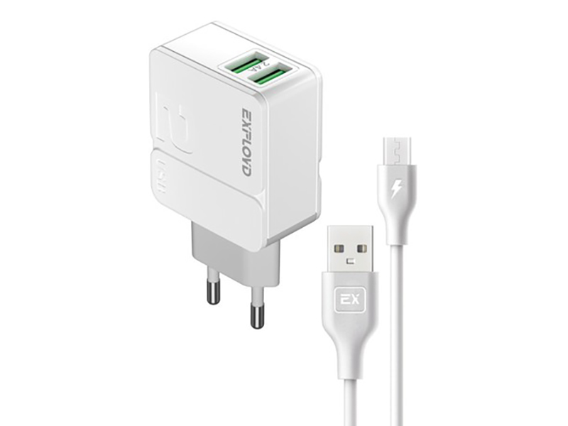 

Сетевое зарядное устройство Exployd micro usb 2xUSB 2.4 А белый