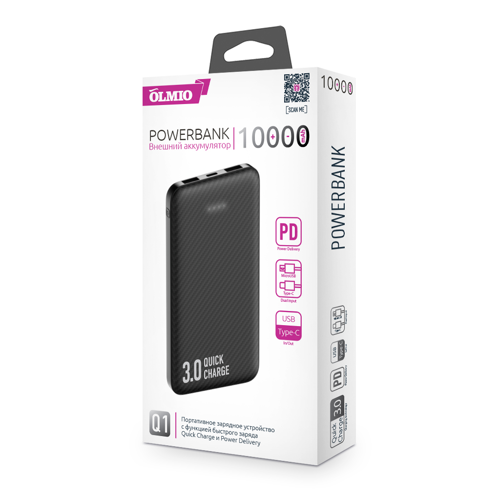 фото Внешний аккумулятор q1, 10000mah, black, olmio ,