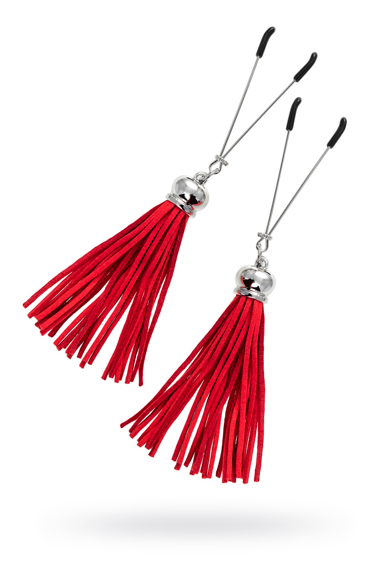 Зажимы на соски Pecado BDSM, Вилки, с кисточками из замши, металл, красные