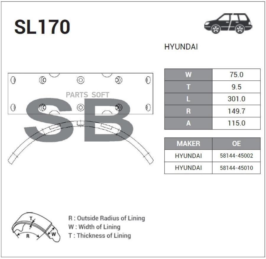 Накладка Тормозная  Hyundai County (1998- ) 2,5t 75mm Sangsin brake арт. SL170