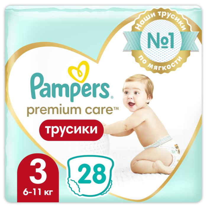 Подгузники-трусики Pampers Premium Care для малышей 3 размер (6-11 кг) 28 шт. M0 подгузники трусики pampers premium care трусики размер 5 34 трусиков 12кг 17кг