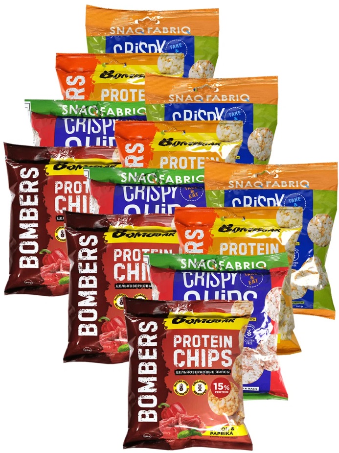 

Bombbar Чипсы ассорти Bombbar и Snaq Fabric, 4x50г Бекон, Сыр, Сметана, Томат, ассорти