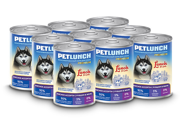 Консервы для собак Lunch for pets мясное ассорти с рубцом, кусочки в желе, 9 шт по 400 г