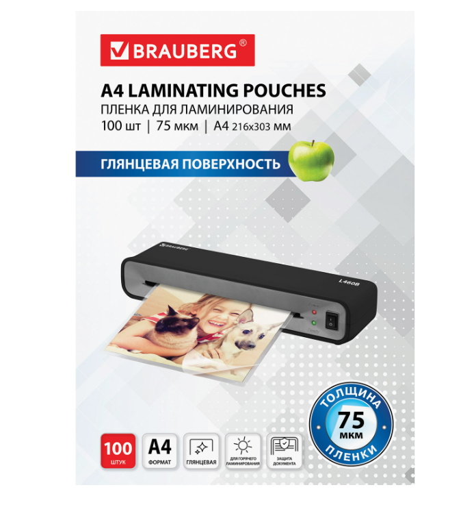 

Пленка для ламинирования Brauberg A4 216х303 мм, 75 мкм, глянец 100 шт, A4 216х303 мм, 75 мкм, глянец 100 шт