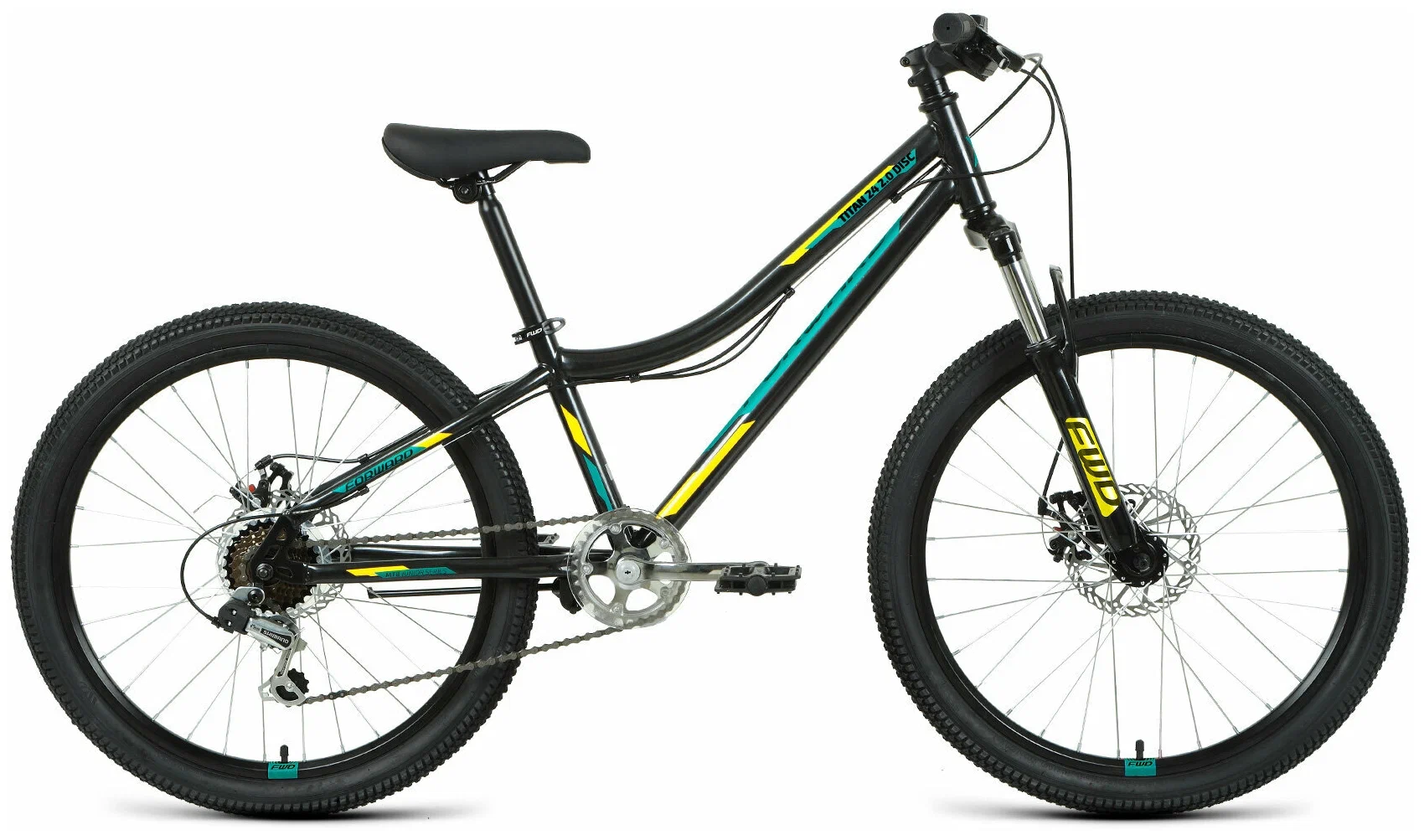 Велосипед Forward Titan 2.0 D 6 скоростей, ростовка 12, чёрный, жёлтый, 24