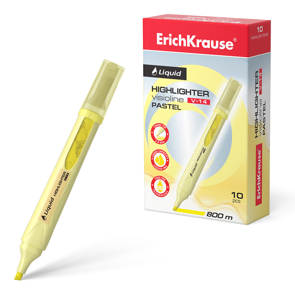 

Текстмаркер ErichKrause Liquid Visioline V-14 Pastel,56023 цвет желтый 10 штук, Liquid Visioline V-14