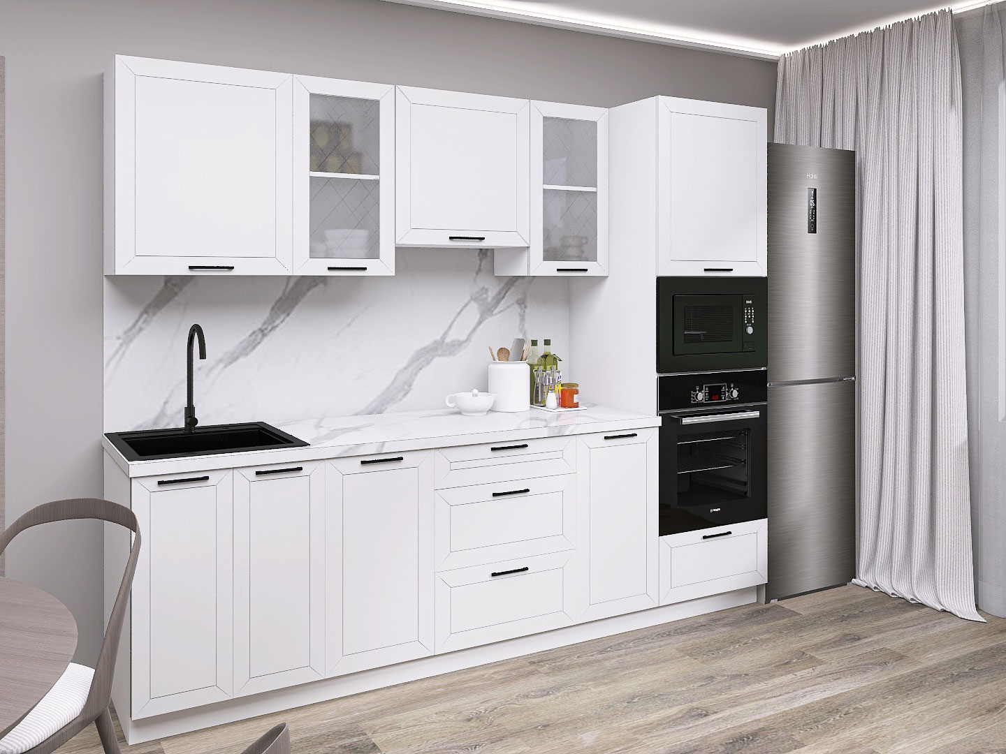 

Кухонный гарнитур СВ-Мебель Вектор 260 см Белый / Бланж со стеклом