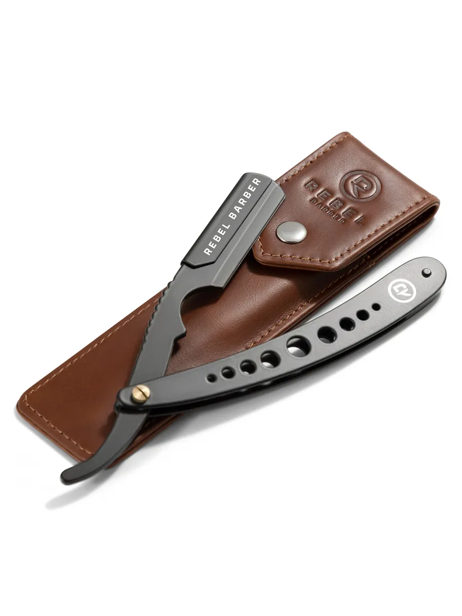 

Опасная бритва со сменным лезвием REBEL BARBER Predator Black с кожаным чехлом, RB029