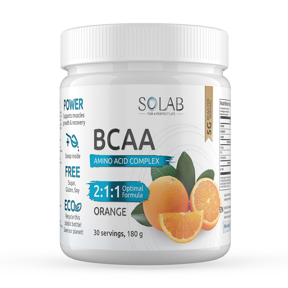 Аминокислоты SOLAB BCAA 2:1:1 БЦАА, вкус апельсин, порошок 180 гр, 30 порций