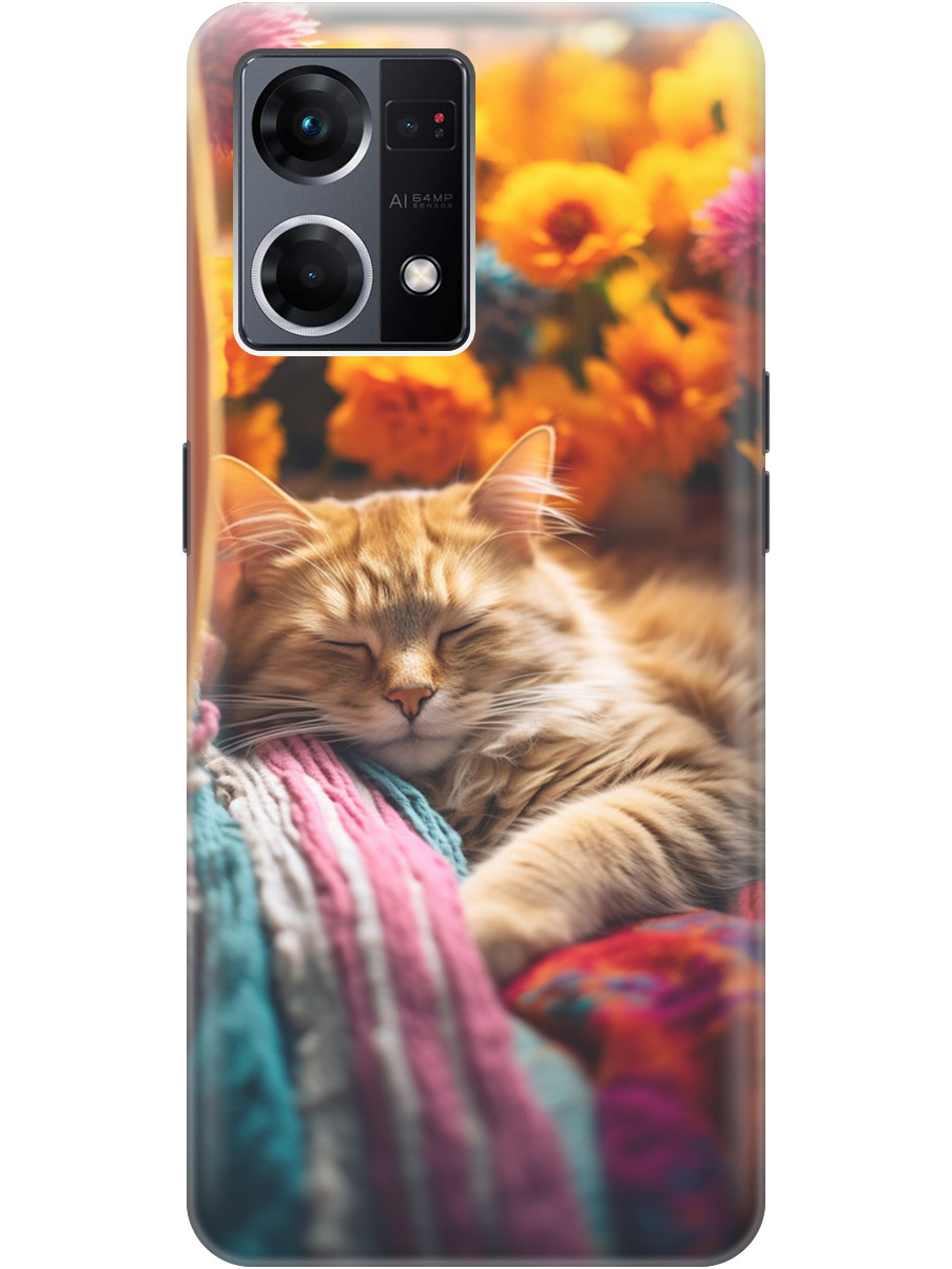 

Силиконовый чехол на OPPO Reno7 с принтом "Котик в цветах" прозрачный, Белый;желтый, 20000484