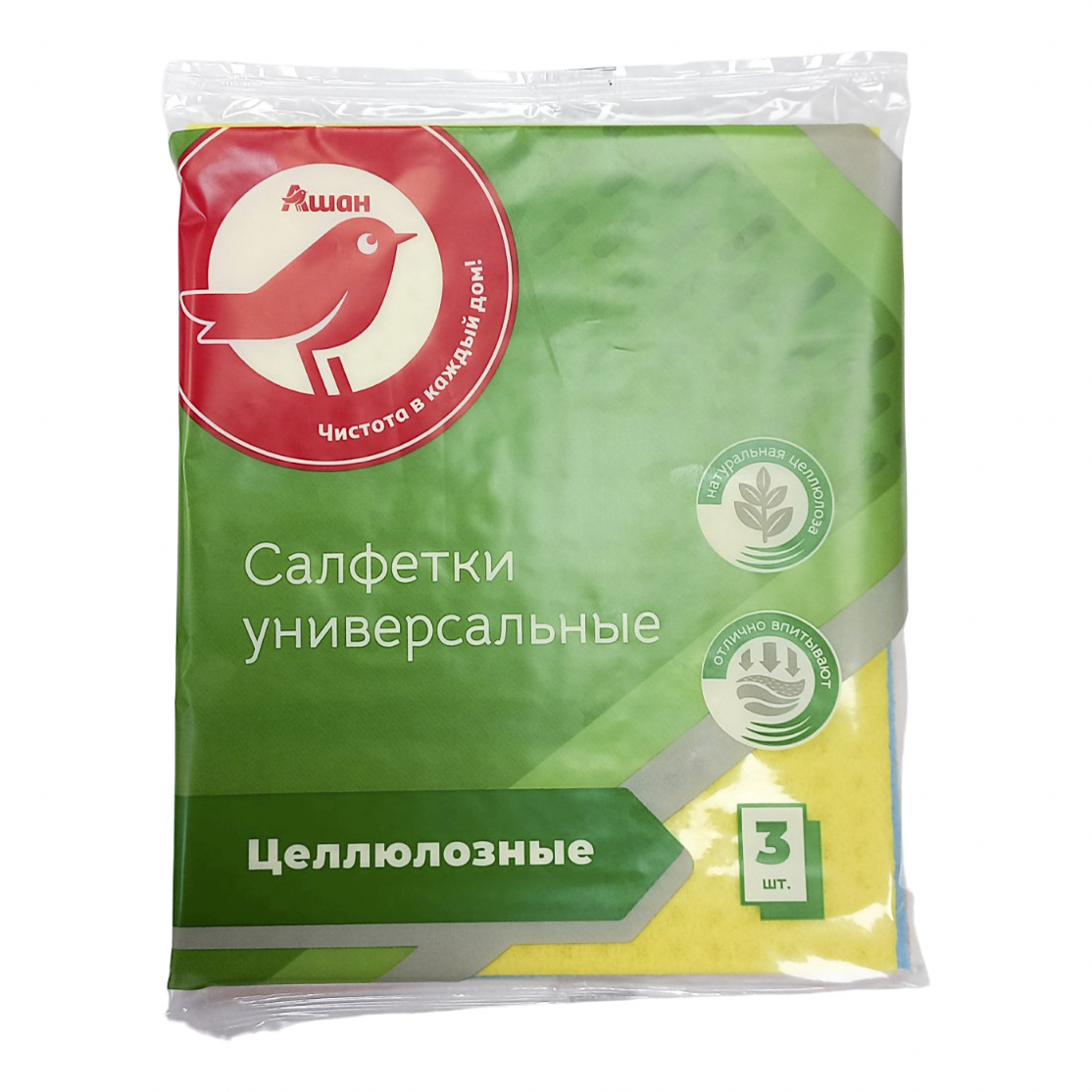 Салфетки АШАН Красная птица для влажной уборки целлюлозные 150 х 180 мм 3 шт
