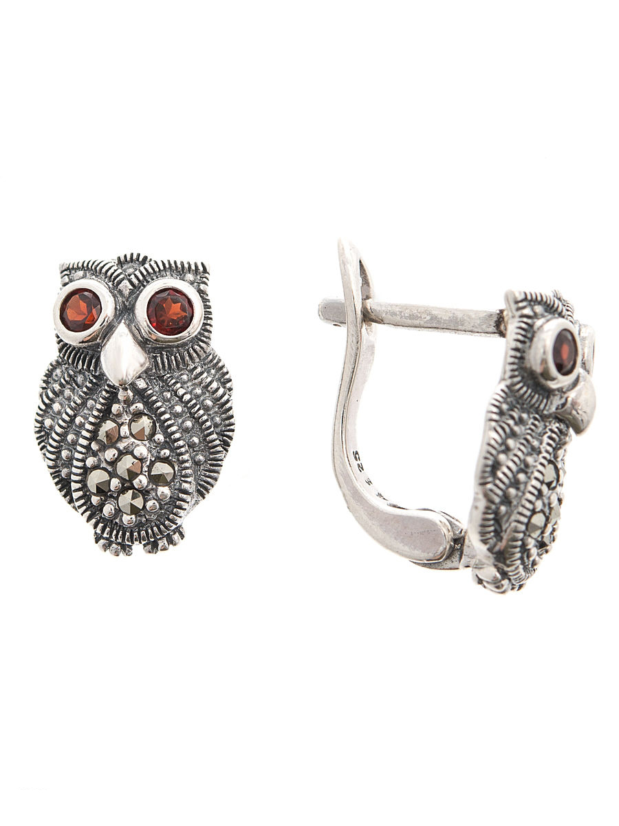 Серьги из серебра Марказит HE304, марказит/гранат