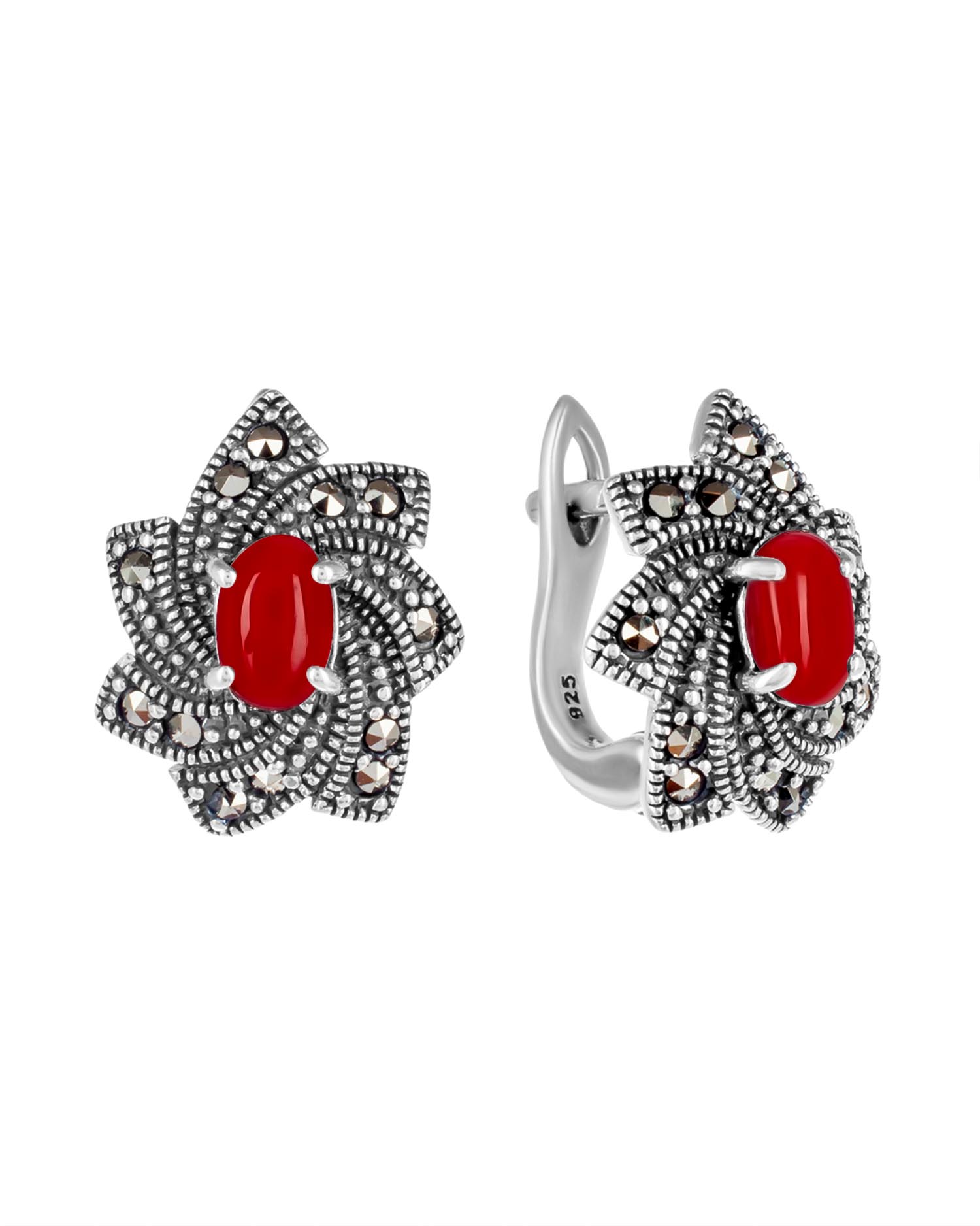 Серьги из серебра Марказит HE867, марказит/коралл искусственный