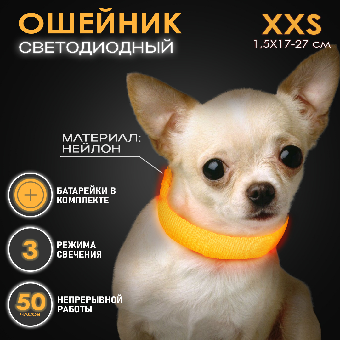 Ошейник светящийся для собак AT светодиодный оранжевого, XXS - 1,5х17-27 см