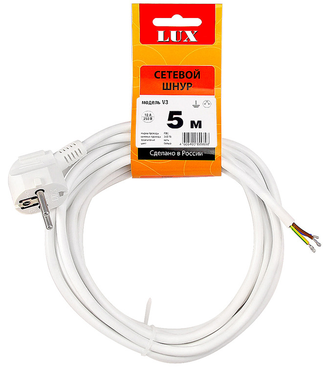 

Шнур LUX V3 ПВС 3x0.75 с заземлением с вилкой 5м белый
