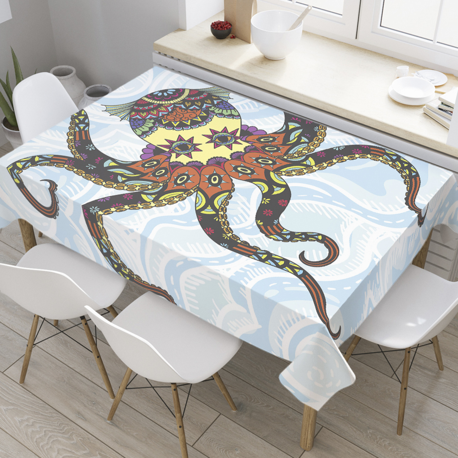 

Скатерть прямоугольная JoyArty "Духовный осьминог" из оксфорда, 120x145 см, Голубой, Духовный осьминог