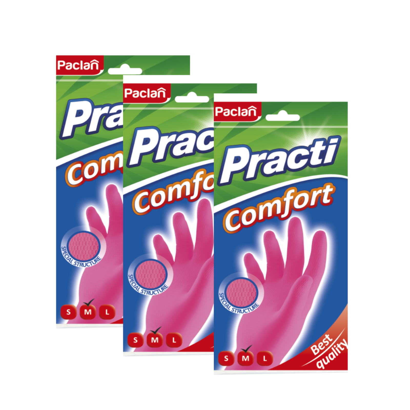 Перчатки резиновые PACLAN PRACTI Comfort размер M розовые, 3 упаковки