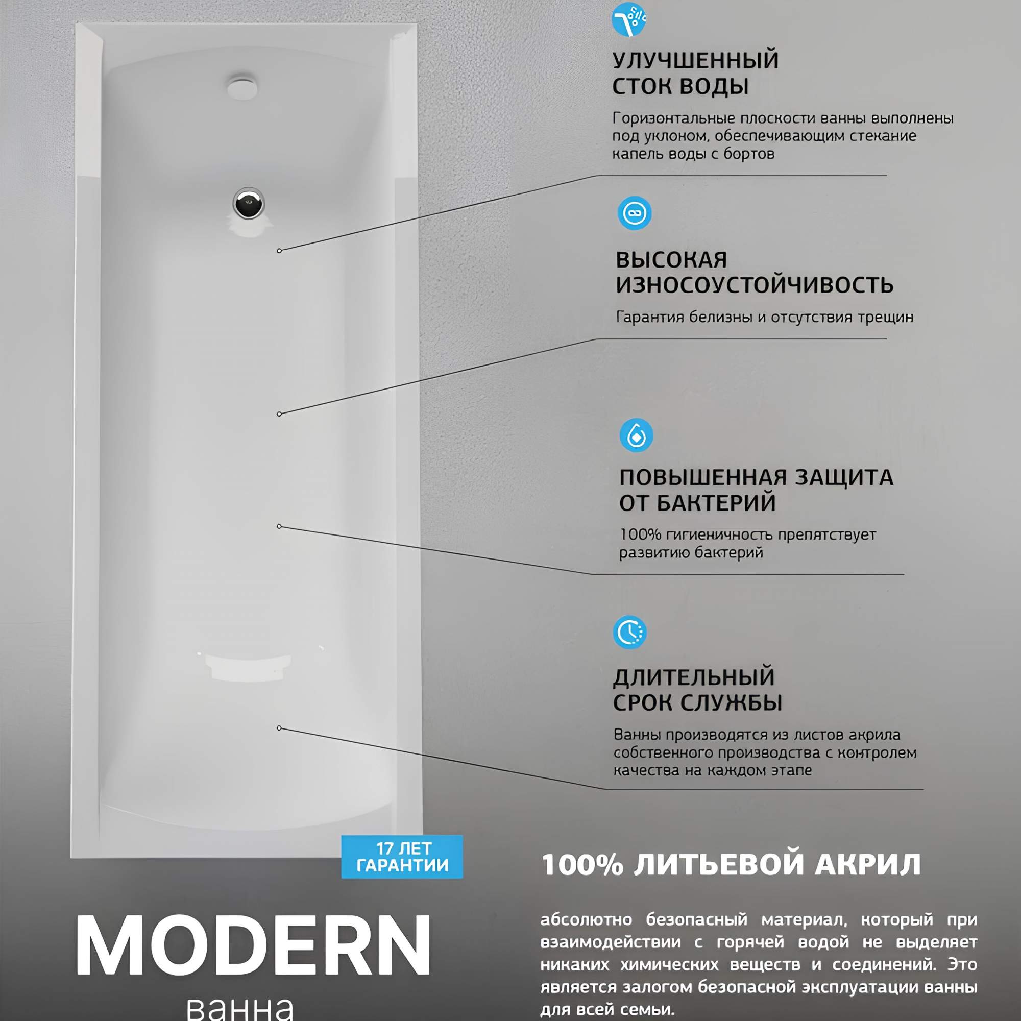 Ванна акриловая Marka One MODERN 170х70 прямоугольная белая 01мод1770 белый