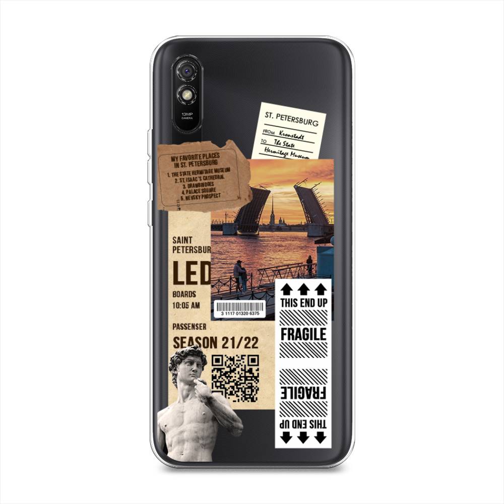 

Чехол на Xiaomi Redmi 9A "Санкт-Петербург коллаж", Коричневый;бежевый;белый, 38950-6