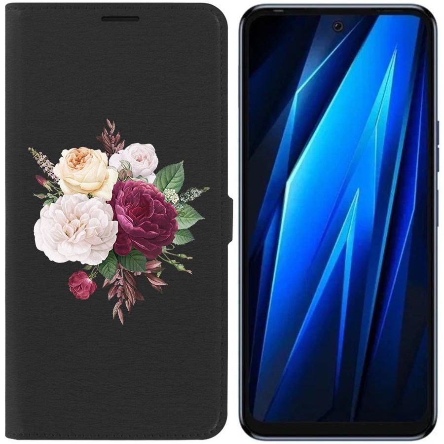 

Чехол-книжка Eco для Tecno Pova 4 Цветочная композиция (черный)