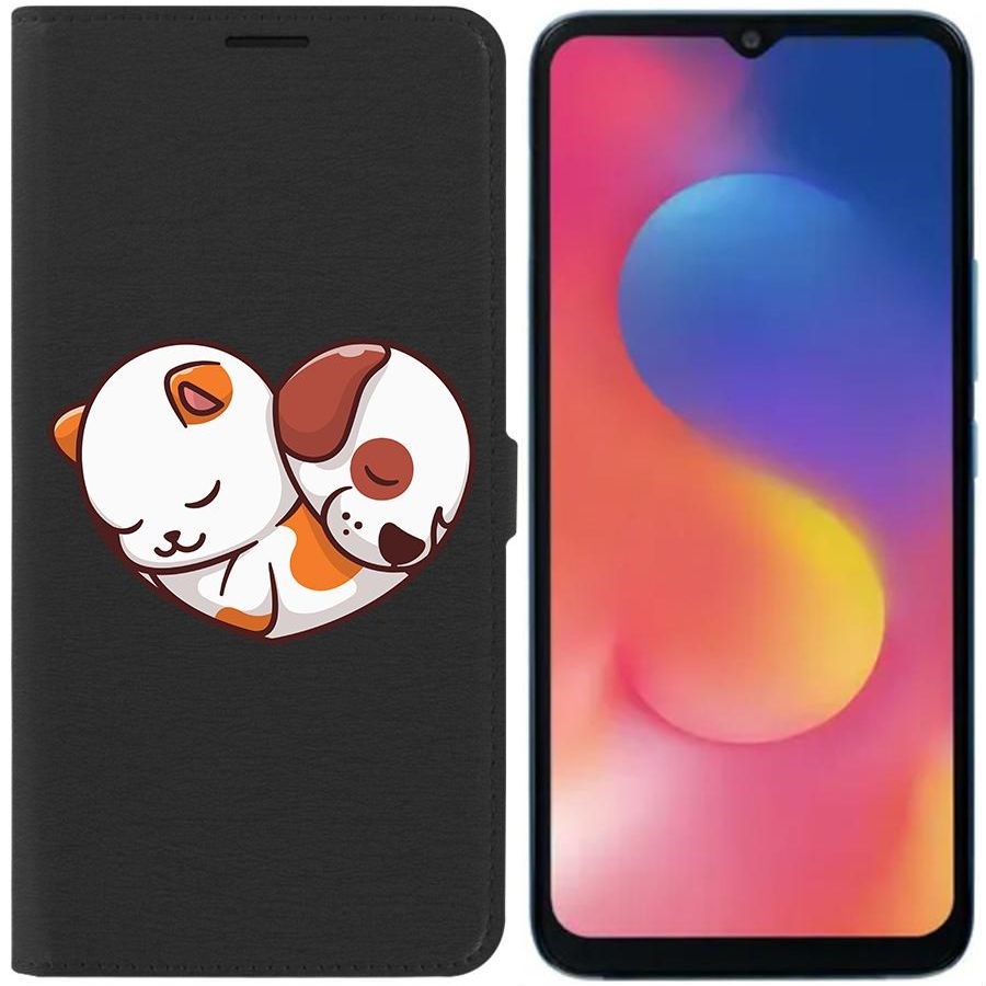 Чехол-книжка Eco для Infinix Hot 20i Котёнок и Щенок (черный)