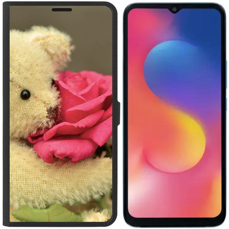 Чехол-книжка Eco для Infinix Hot 20i Медвежонок с розой (черный)