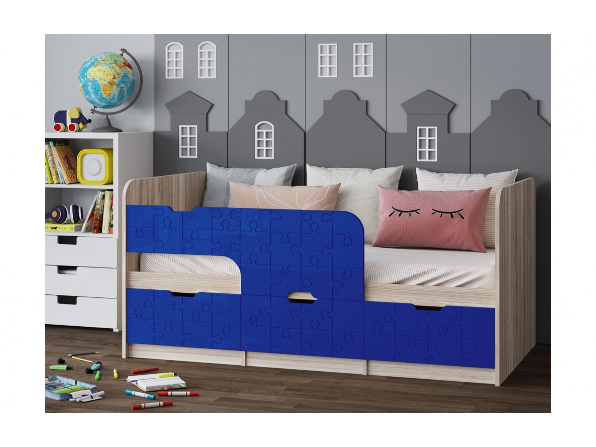 фото Детская кровать юниор-9, 80х180 (ясень шимо светлый, темно-синий металлик) регион 58